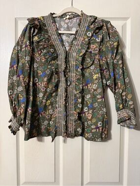 entro Olive Floral Ruffle Smocked Blouse